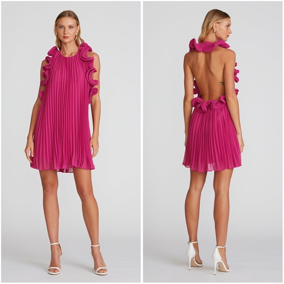 Amur Mimi Ruffled Halter Mini Dress Pleated Chiffon Magenta Peacock 2 - Picture 1 of 9